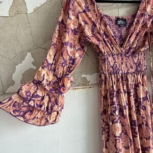 Boho Maxi Dress Floral Bell‎ Sleeves Tiered Skirt 70s Hippie Festival Womens S